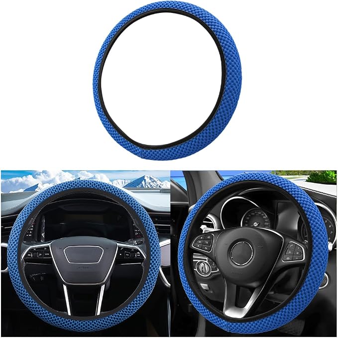 Car Elastic Stretch Steering Wheel Cover, 14.5-15" Breathable Ice Silk Anti-Slip Vehicle Steering Wheel Protector, Comfy Auto Interior Protection Accessories, Universal Fit (Blue)