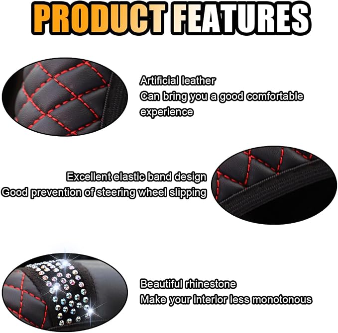 JOYCOURT 15 Inch Bling Soft Leather Car Steering Wheel Cover, Black Red | Colorful Rhinestones Design, Auto Elastic Protector for Women Girls, Crystal Diamond Car Accessories for Most Cars, SUVs