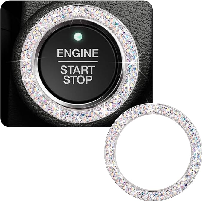 Car Bling Crystal Rhinestone Engine Start Ring Decals, Sparkling Diamond Car Push Start Button Ignition Ring Sticker, Auto Key Ignition Knob Ring Decoration for Women Girls (AB)