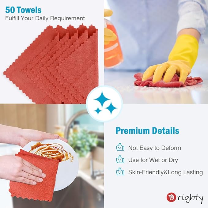 Orighty Microfiber Cleaning Cloth Bulk, 50 Pack Shop Towels 12x12 Inch, Red | Reusable Microfiber Towels for Cars, Shop Rags, Multi-Purpose Lint Free Cleaning Rags for Home & Kitchen