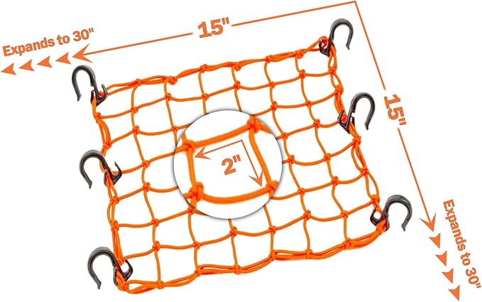 Small Cargo Net 15"x15" Stretches to 30"x30" with Thicken Hooks | Natural Latex Core, Tight 2”x2” Mesh Heavy Duty Bungee Net for Motorcycle Helmet, Bike, ATV, UTV, Luggage (Orange, 2 Pack)