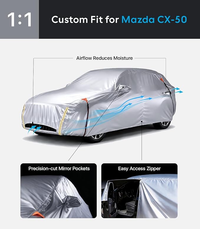 Wigoo Mazda CX-50 2023-2026 CX-5 2026 Car Cover Accessories, Custom Fit SUV Cover, Waterproof All-Weather Outdoor Protection, Windproof Straps, UV Rain Dust Protection, Paint-Safe Lining, Door Zipper