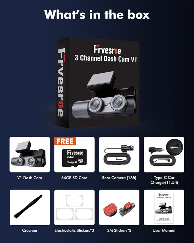 4K 3 Channel Dash Cam Front and Rear Inside, WiFi 6 GPS, 64GB Card | 4K+1080P+1080P, IR Night Vision, 24H Parking Mode, G-Sensor, Loop Recording, Dashcam for Rideshare Taxi Drivers Family