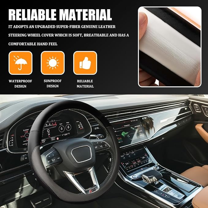 Car Steering Wheel Cover, 15 Inch Napa Leather Car Steering Wheel Protector, Slip-Resistant Elastic Steering Wheel Handle Cover, Universal Interior Accessories for Cars Trucks SUVs (Grey)