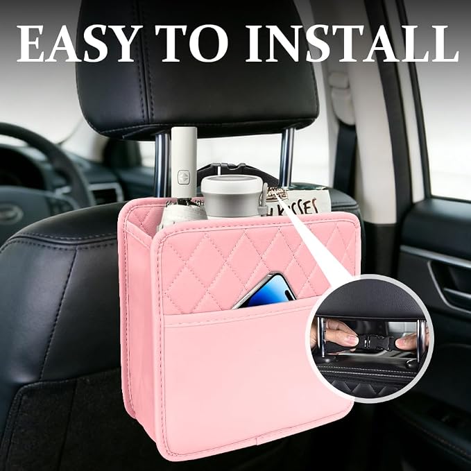 Car Seat Back Organizer, Car Organizers and Storage, PU Leather Vehicle Backseat Hanging Storage Pocket, Multipurpose Auto Organizer Hanging Universal for Most Vehicles (Pink without Pocket)