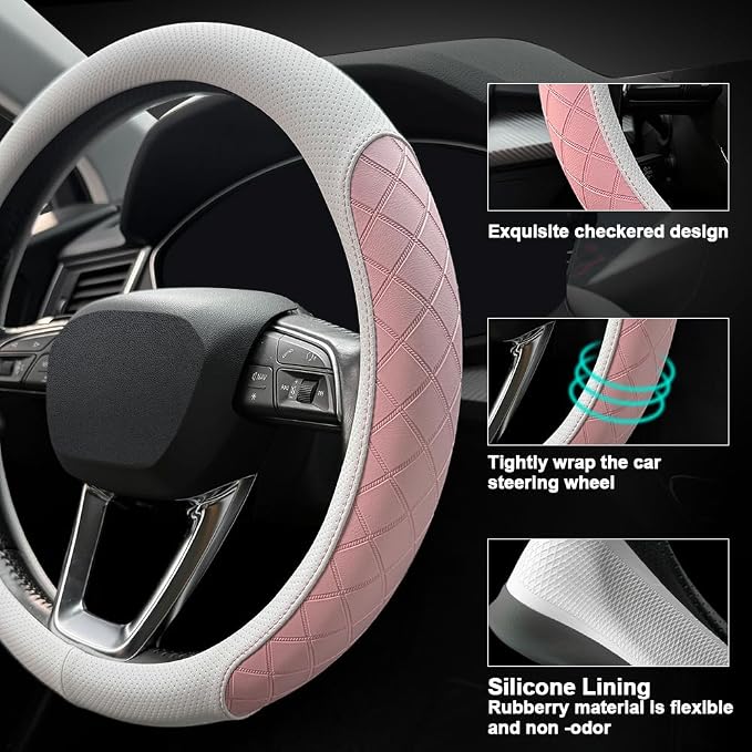 LKWLIKEI Nappa Leather Steering Wheel Cover,Elegant Diamond Checkered Design, Non-Slip wear-Resistant, Enhance Driving Comfort, Suitable for Steering Wheel Diameter 14 1/2‘-15’ Models.White and Pink