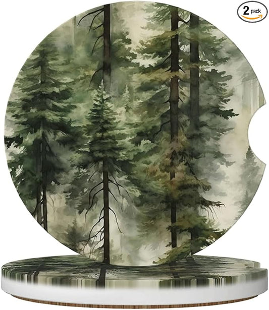 Ceramic Car Cup Coasters 2PCS - Dream Forest | with Cork Back & Finger Slot, Anti-Slip Shock Absorbing, Universal Car Interior Accessories for Men Women