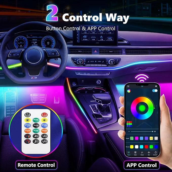 Interior Car LED Strip Lights, Acrylic LED Lights for Car with Dynamic Dreamcolor Chasing, Ambient Lighting Kits Music Sync Wireless APP and Remote Control (4 in 1)