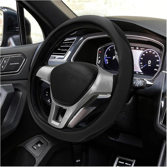 Car Steering Wheel Cover, Leather Breathable Ice Silk Auto Wheel Wrap with Anti-Slip Lining, Scratch-Resistant Elastic Protector Fit for 14.5-15 Inch Steering Wheels (Black)