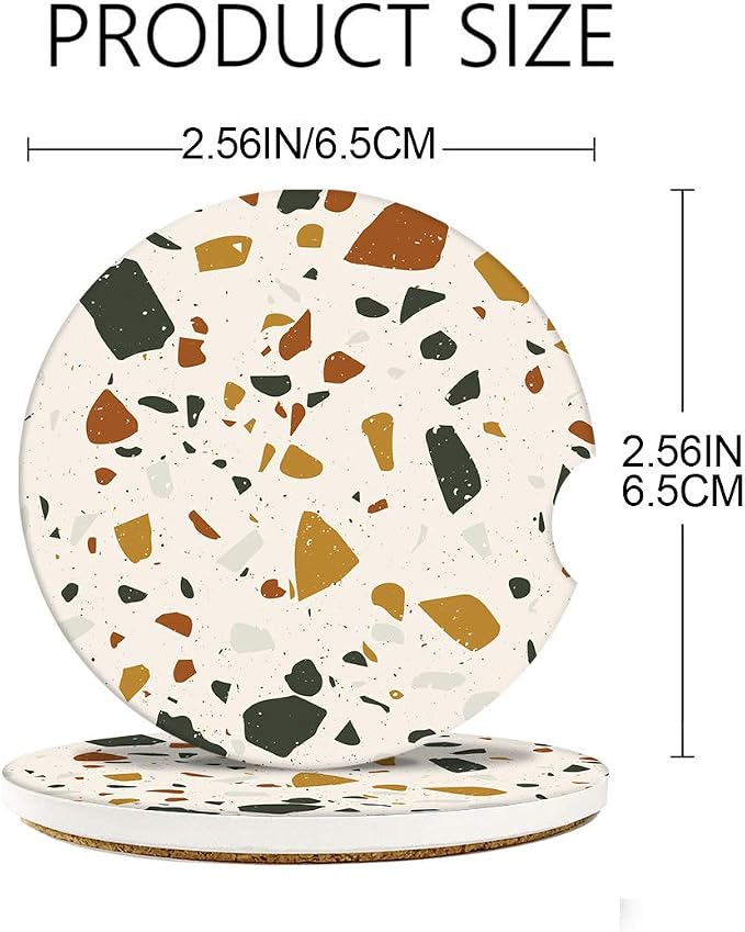 Britimes Absorbent Car Coasters 2 Pack for Cup Holders, 2.56" Ceramic Stone & Non-Scratch Cork Base Drink Coasters Cupholder Terrazzo