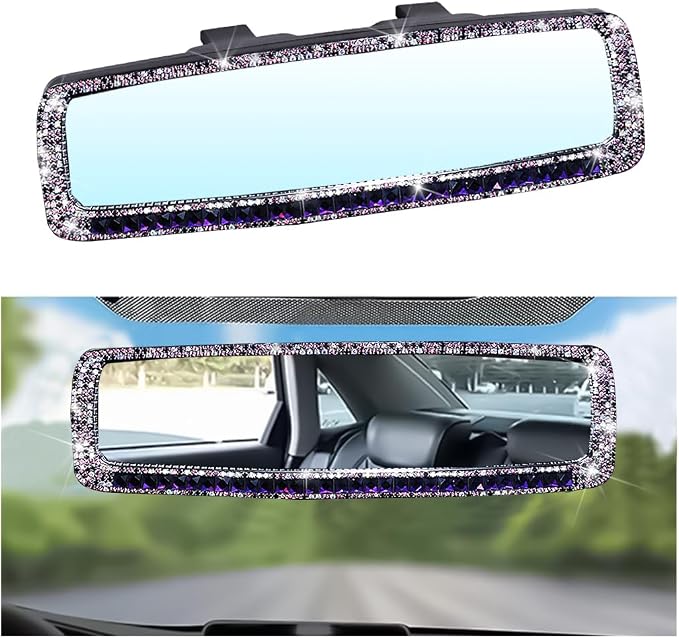 Bling Car Rear View Mirror, Rhinestones Crystal Clip-on Rearview Mirror with HD Glass, Compatible with Most Cars, SUVs, Vehicles, Auto Interior Accessories for Women Girl (Purple)
