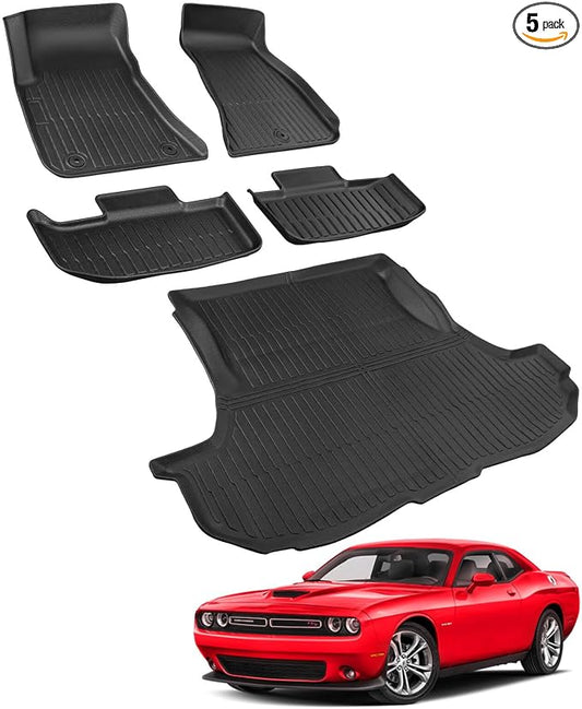 Car Floor Mats for Dodge Challenger RWD 2011-2023 5PCS Full Set | All Weather Full Coverage Floor Liners Heavy Duty Waterproof Long-Lasting Challenger Accessories TPE Rubber Carpet