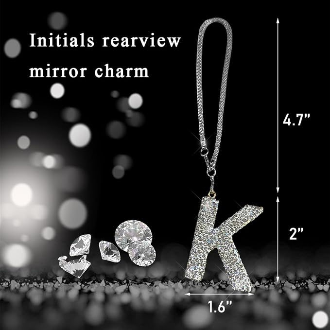 DXNQ Bling Initial Car Rear View Mirror Ornament, Crystal Sparkling Cute Letter Charm Pendant Auto Decor, Hanging Lucky Diamond Initial Charm Car Mirror Bag Ornament for Girl Women (Letter K)