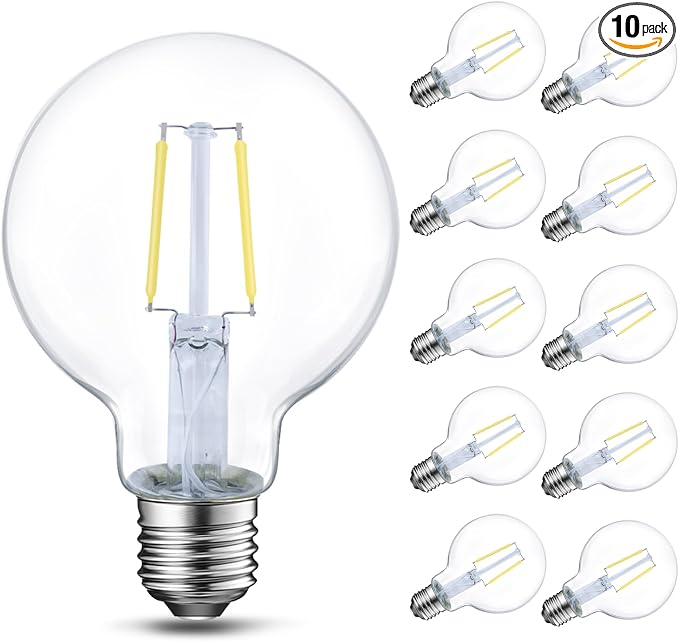 E ENERGETIC LIGHTING Dimmable LED Edison Light Bulb, G25 (G80) Globe Bulb, 60W Equivalent, 5000K Daylight, Christmas Light, E26 Standard Base, ETL Listed, 10-Pack