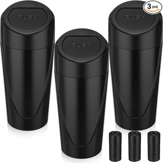 Outus 3 Pack Car Trash Can with Lid, Leakproof Car Garbage Can Cup Holder with 60 Bags Mini Trash Cans for Cars, Small Vehicle Garbage Bin for Cars, Office, Home, Bedroom, Black
