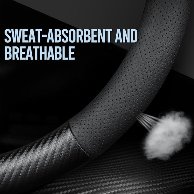 Carbon Fiber Leather car Steering Wheel Cover, Comfortable and Anti-Skid, Universal 15 inch (Black)