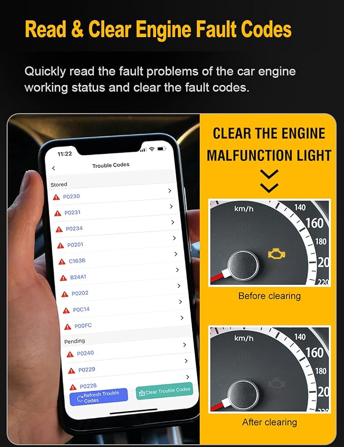 Car OBD2 Scanner Bluetooth for iPhone iOS Android OBDII Diagnostic Scan Tool Code Reader for Error Code Clear Braking Performance Test
