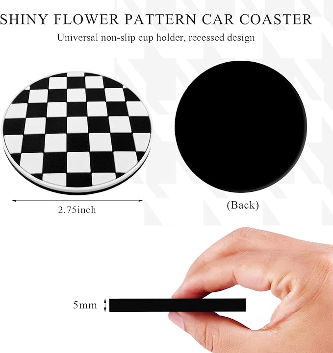 DXNQ 2 PCS Car Cup Coasters, 2.76 Inch Anti-Slip Checkered Vehicle Cup Holder Insert Coasters, Auto White & Black Drink Cup Mats for Front Console Cup Holders, Car Accessories (Checkerboard)