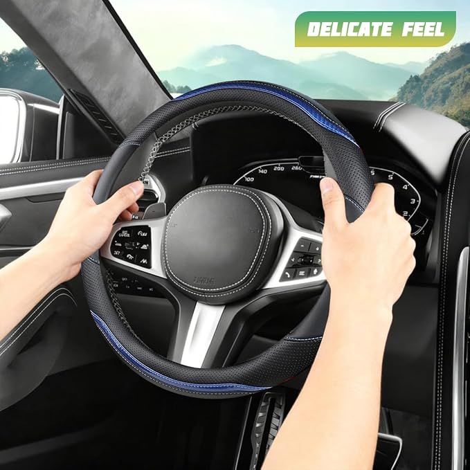 Car Steering Wheel Cover, Carbon Fiber Breathable Vehicle Steering Wheel Cover Wrap with Anti-Slip Lining, Automotive Interior Decorative Accessories, Universal for SUV RV Truck (Blue)