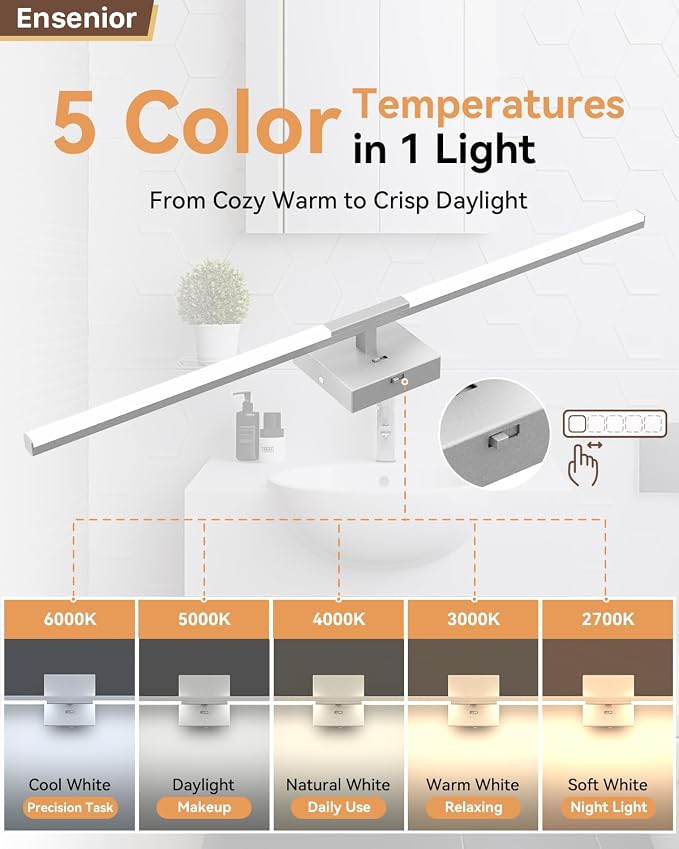 Ensenior Modern Bathroom Vanity Light 32 inch, Built-in Dimmer, 18.5W Dimmable 5CCT Led Bath Lights, Baked-on Matte Grey Vanity Lights for Bathroom Mirror Cabinets Bedroom-FCC & ETL Certificated