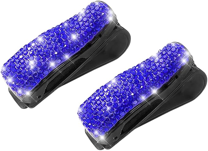 Moly Magnolia Bling Car Glasses Holder, 2PCS Handcrafted Crystal Rhinestones Fashion Car Sunglasses Mount with Card Clip for All Sun Visors, Auto Interior Accessories for Women Girl (Deep Blue)