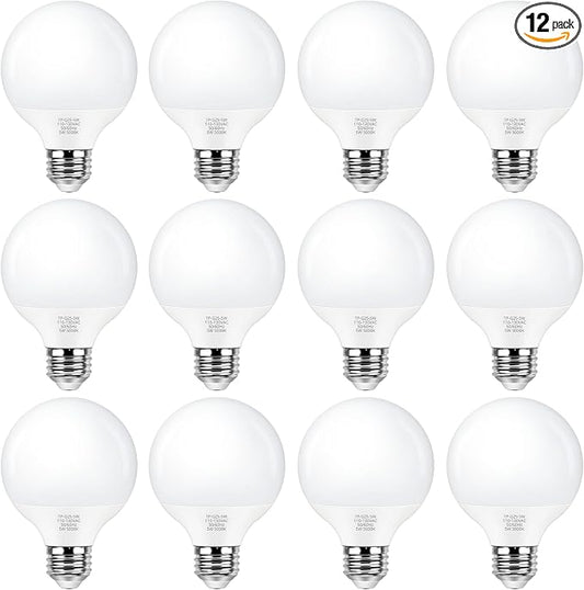 MAXvolador G25 LED Globe Light Bulbs Daylight White 5000K, Round Vanity Light Bulb 60W Equivalent, E26 Base Bathroom Mirror Light Bulbs, 500LM, Non-Dimmable, 12-Pack