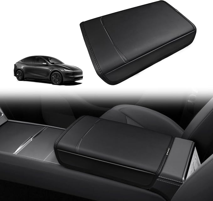Muslogy Center Console Armrest Cover Fit for Tesla Model Y Juniper 2026 Accessories, Comfort Armrest Pad Console Lid Cushion Vegan Leather Regular Thick (Debossing Black)