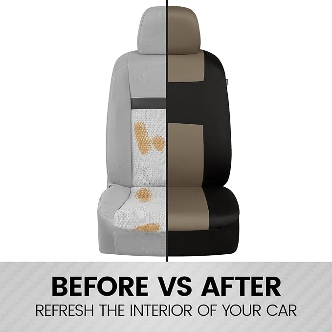 BDK PolyPro 2-Pack Front Car Seat Covers Set in Beige/Black - Front Seat Covers for Cars Trucks Vans SUVs Sedans, Easy to Install Front Car Seat Cover Protection, Universal Fit Car Accessories