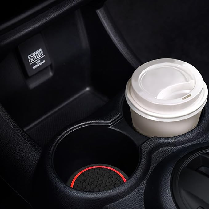 Car Cup Holder Coasters, Dustproof Automotive Interior Accessories Mat,2.75 Inch Non-Slip Insert Water Bottle Holder Pads, Universal for Vehicles, Trucks, RVs and More (Black/Red, 4PCS)