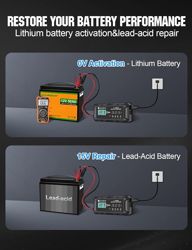 ECO-WORTHY 10A LiFePO4 Battery Charger 12V, Smart Lithium Battery Charger & Maintainer, Trickle Charger and Desulfator for Lead Acid, RV, Car, Motorcycle, Marine, Boat