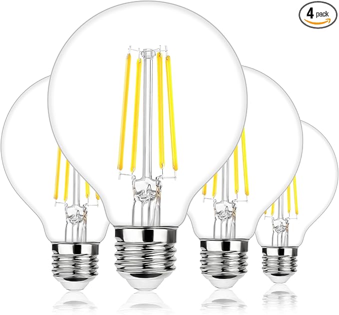 G25 LED Globe Light Bulbs, Dimmable Edison Filament Vanity Light Bulbs, 8W 100W Equivalent, 1200 Lumens Bright, 5000K Daylight White, E26 Medium Base Clear Glass for Bathroom Vanity Mirror, 4 Pack