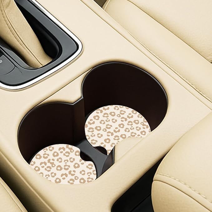 Ceramic Car Coasters – Absorbent Car Cup Holder Coaster Set for Women, Cute Aesthetic Car Accessories for Girls, 2 Pack (Tan)