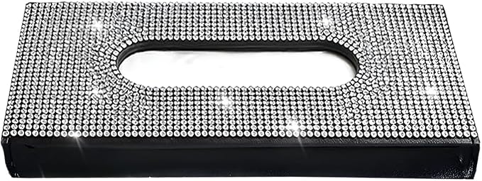 Bling Car Visor Tissue Holder, Shiny Rhinestone Leather Sun Visor Napkin Mask Case Holder Clip, Diamond AUT Paper Tissue Towel Box Dispenser, Universal Fit (White/Black)
