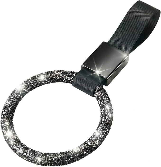 Fabbay Round Car Handle Strap Drift Charm Car Accessories Bling Handle Ring for Women Rear Bumper Warning Ring Decor for Auto Bus Interior Exterior Decoration (Black, Round Style)