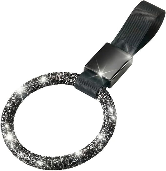 Fabbay Round Car Handle Strap Drift Charm Car Accessories Bling Handle Ring for Women Rear Bumper Warning Ring Decor for Auto Bus Interior Exterior Decoration (Black, Round Style)