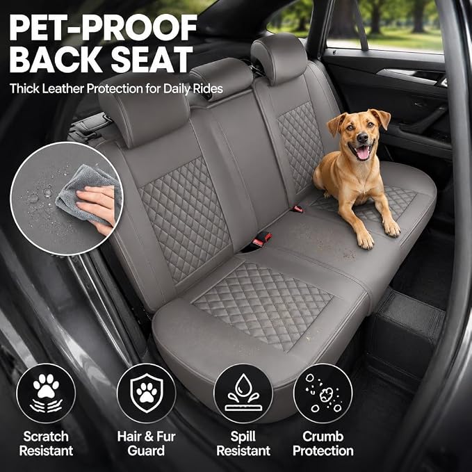 Gray Thick Nappa Leather 3D Contoured Automotive Car Seat Covers Full Set | Univerasal Precision Fit,Lumbar Support,3D Contoured,Semi Coverage,Waterproof,ThickTexture,for most Suvs Trucks Sedans