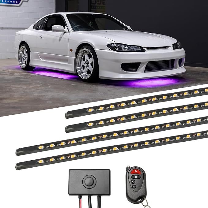 LEDGlow 4pc Purple Slimline LED Car Flexible Underglow Lighting Kit | Neon Accent Lights Include Flex Underbody Tubes, Solid Color Illumination, 4 Modes, Control Box & Remote