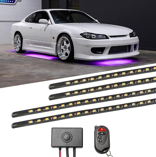 LEDGlow 4pc Purple Slimline LED Car Flexible Underglow Lighting Kit | Neon Accent Lights Include Flex Underbody Tubes, Solid Color Illumination, 4 Modes, Control Box & Remote