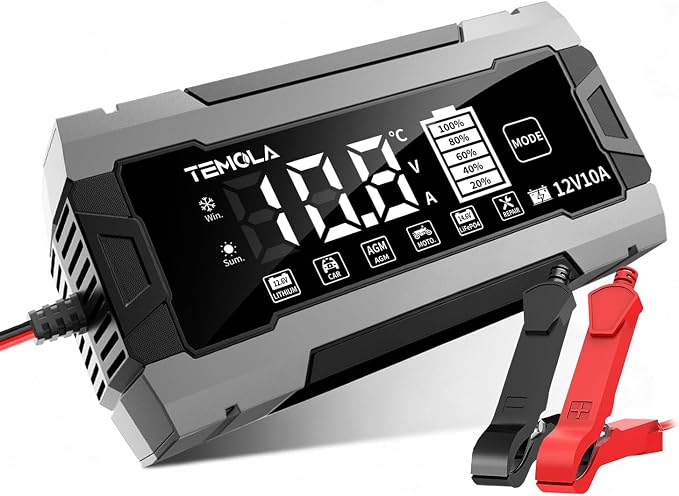 12V 10A Smart Battery Charger Fully Automatic Battery Maintainer Trickle Charger with Pulse Repair LCD Display Temp Compensation for AGM Gel SLA LiFePO4 Flooded Deep Cycle Motorcycle Boat Batteries