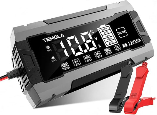 12V 10A Smart Battery Charger Fully Automatic Battery Maintainer Trickle Charger with Pulse Repair LCD Display Temp Compensation for AGM Gel SLA LiFePO4 Flooded Deep Cycle Motorcycle Boat Batteries
