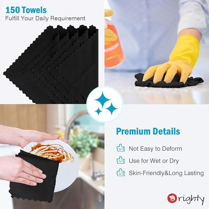 Orighty Microfiber Cleaning Cloth Bulk, 150 Pack Shop Towels 12x12in, Black | Reusable Microfiber Towels for Cars, Shop Rags, Multi-Purpose Lint Free Cleaning Rags for Home & Kitchen