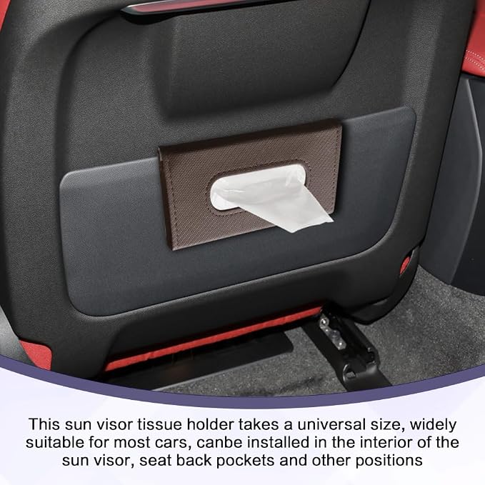 Car Visor Tissue Holder, Tissue Box Holder for Car, Leather Auto Sun Visor Napkin Case Mask Dispenser, Automotive Accessories Rectangular Hanging Auto Napkin Box Fit for Most Vehicles (Brown)