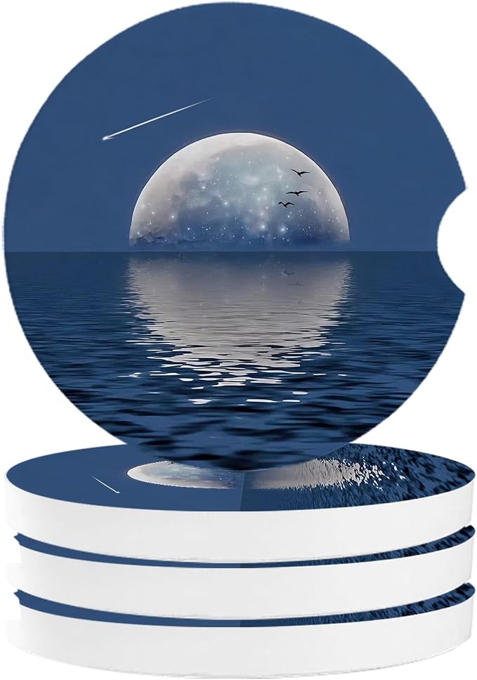Car Coasters for Cup Holders 2.6" Dia Absorbent Coasters Set of 4 Car Interior Accessories for Women Ceramic Car Coaster for Drinks with Finger Grooves,Full Moon and Meteor Reflection on Sea Surface