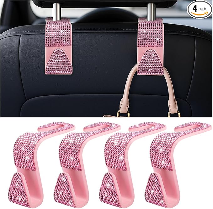 Zpana 4PCS Bling Car Seat Headrest Hooks, Vehicle Back Seat Purse Handbag Hanging Holder with Crystal Rhinestone, Diamond Storage Organizer Hook, Universal Automotive Accessories (Pink)