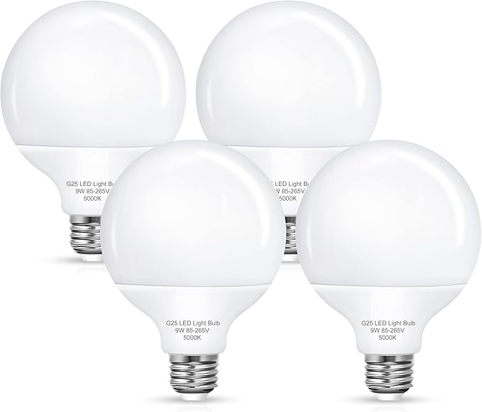 G25 9W LED Globe Bulbs 100W Equivalent Vanity Light Bulbs for Bathroom | 5000K Daylight White 900LM, E26 Base Round Makeup Mirror Bathroom Lights Bulb Décor Lighting, 4 Pack