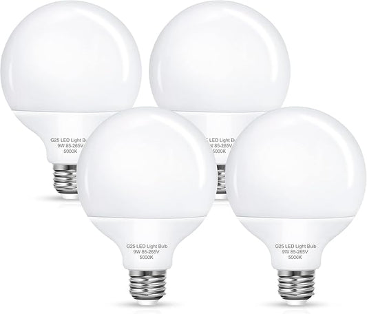 G25 9W LED Globe Bulbs 100W Equivalent Vanity Light Bulbs for Bathroom | 5000K Daylight White 900LM, E26 Base Round Makeup Mirror Bathroom Lights Bulb Décor Lighting, 4 Pack