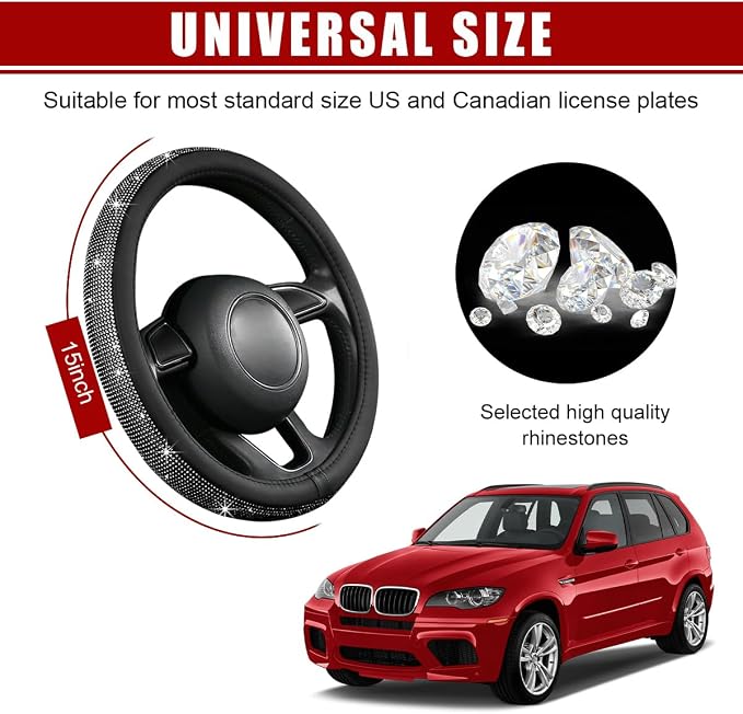 povtii Bling Car Steering Wheel Cover, Sparkling Crystal Rhinestone Auto Wheel Protector, Anti Slip Cover Fit 15 Inch Steering Wheel for Women Girls, Universal Car Accessories (Black)