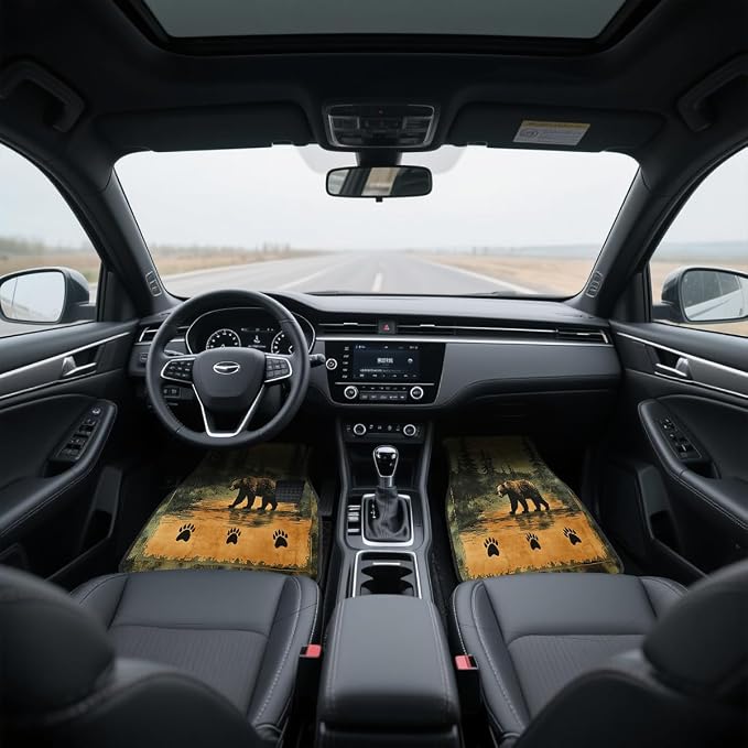 Bear Car Floor Mats Set of 4 Vintage Rustic Forest Lodge Mountain Automotive Foot Mats Rugs Carpet for Car Non-Slip Auto Car Accessories Universal Fit Car Accessories for Truck