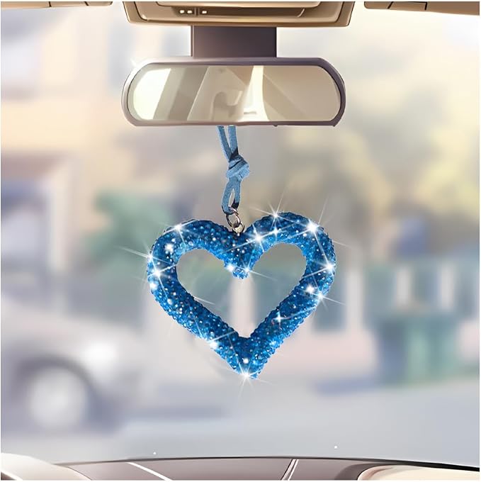 Mandark Bling Heart Car Hanging Accessories, Crystal Rhinestone Vehicle Rear View Mirror Charm Pendant Ornaments, Cute Diamond Auto Interior Hanger Decoration for Women Girls (Light Blue)