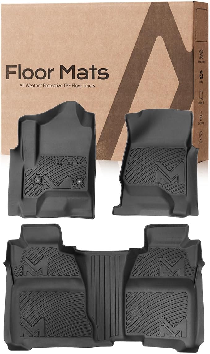 Floor Mats for 2014-2018 Chevy Silverado/GMC Sierra 1500 Crew Cab, 15-19 Silverado/Sierra 2500HD 3500HD, TPE Automotive All Weather Cover Protection Waterproof Black Floor Liner Front & Rear Row